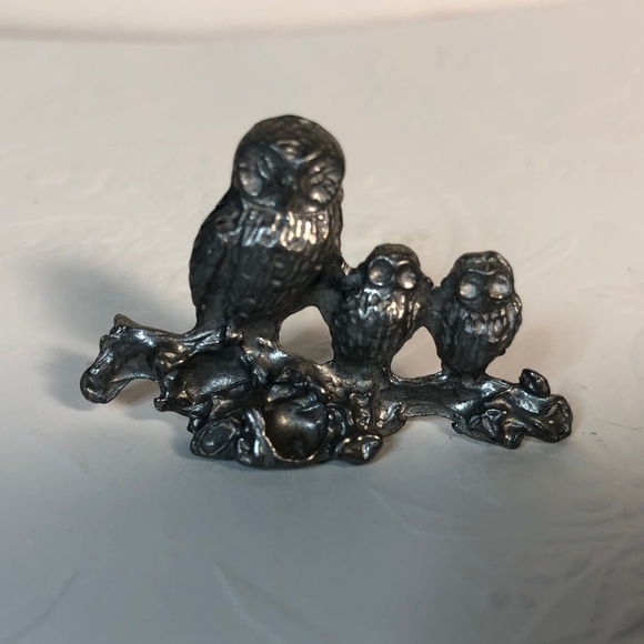 Other - Miniature Pewter OWL Figurine, Large Owl With 2 Babies 1.5 in long On Branch